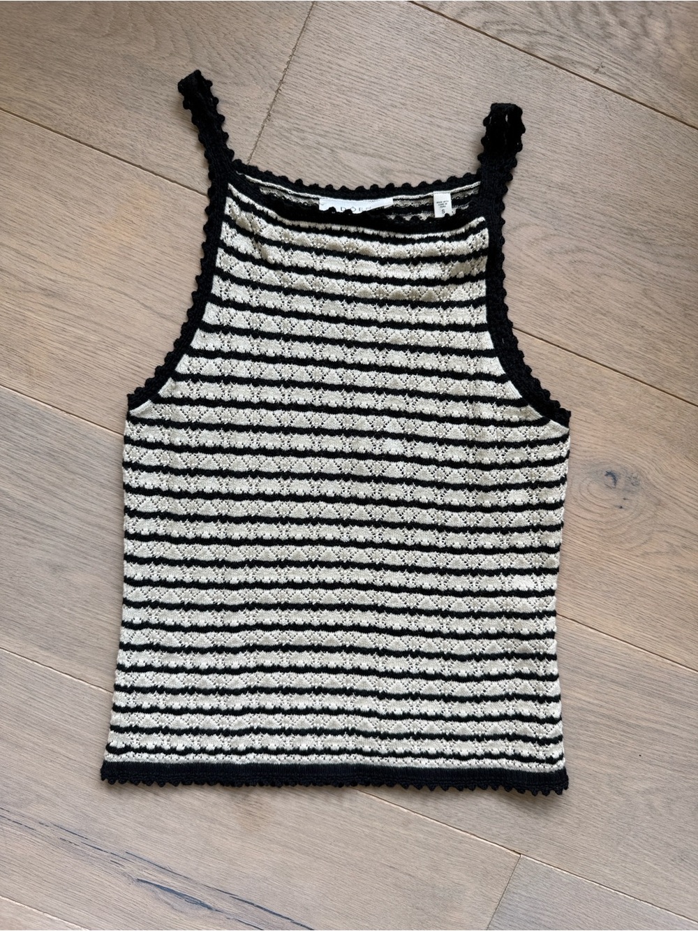 Striped Silk Pima Cotton Black and Cream Crochet Tank Top